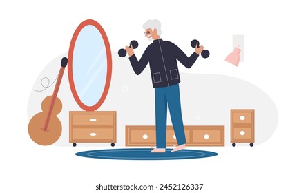 Elderly man with dumbbells. Senior man exercise, active retirement lifestyle cartoon vector illustration