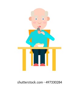 Elderly man eat at the table, lunch for person elderly, senior man dinner, vector illustration
