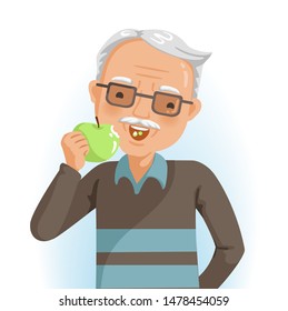 
Elderly man eating. He are eating apple. Smiling good dental health. Healthy food concept and the elderly. Portrait of handsome grandfather. Vector illustration isolated white background.