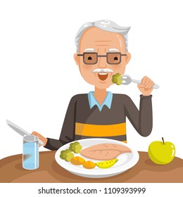 elderly man eating. He is sitting Eat fish steak on the table, apple and glass. Healthy food concept for the elderly. Vector illustration isolated white background.