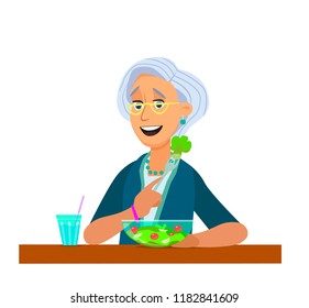 elderly man eating. He is sitting Eat fish steak on the table, apple and glass. Healthy food concept for the elderly. Vector illustration isolated white background.