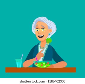 elderly man eating. He is sitting Eat fish steak on the table, apple and glass. Healthy food concept for the elderly. Vector illustration isolated white background.