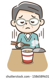 Elderly man eating instant noodles
