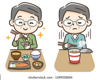 Elderly man eating instant noodles