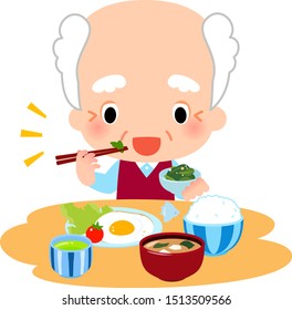 Elderly man eating Japanese breakfast