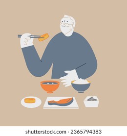 An elderly man eating Japanese food. He is lethargic and reluctant to eat.