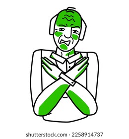 Elderly man with emotion of disgust. Disgusted half body grandfather line drawing. Old aged pensioner in a negative mood, no with his hands.