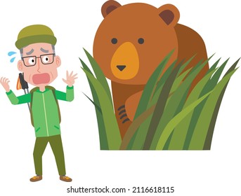 An elderly man encountering a brown bear while climbing