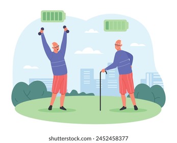 Elderly man energy. Tired weak sleeping senior and active old grandpa sport exercising, full or low lack power battery grandfather tiredness male old men vector illustration of tired senior energy