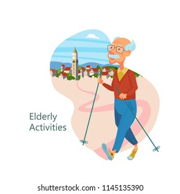 An elderly man engaged in Nordic walking. Grandfather leads a healthy lifestyle. She goes in for sports and Hiking. Vector illustration.