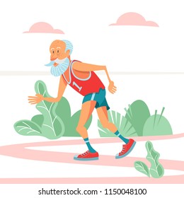 An elderly man engaged in running in the fresh air. He leads a healthy and active lifestyle. Vector illustration in cartoon style.