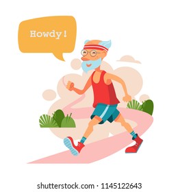 An elderly man engaged in running. My grandfather leads a healthy lifestyle, plays sports. Vector illustration.