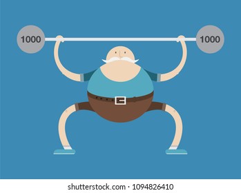 elderly man is engaged in weightlifting,man and dumbbells, vector image, flat design, cartoon character