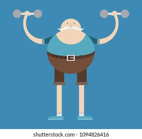 elderly man is engaged in weightlifting,man and dumbbells, vector image, flat design, cartoon character