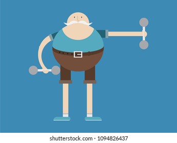 elderly man is engaged in weightlifting,man and dumbbells, vector image, flat design, cartoon character