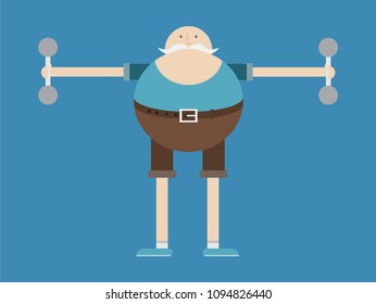 elderly man is engaged in weightlifting,man and dumbbells, vector image, flat design, cartoon character