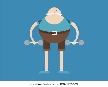 elderly man is engaged in weightlifting,man and dumbbells, vector image, flat design, cartoon character