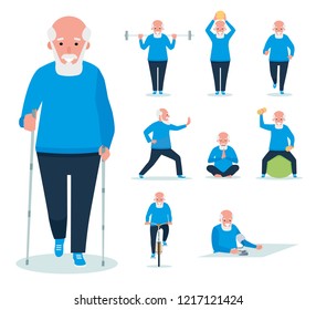 elderly man is engaged in weightlifting,man and dumbbells. Active sport concept set. Cartoon flat style illustration on white background.