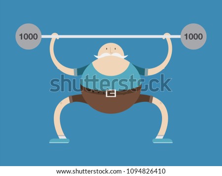 elderly man is engaged in weightlifting,man and dumbbells, vector image, flat design, cartoon character