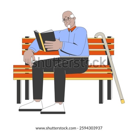 Elderly man enjoying book on park bench 2D cartoon character. Retirement life. Arab male senior with glasses and cane reading flat vector person isolated on white. Spot illustration colorful