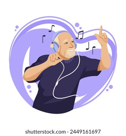 Elderly man enjoying music with headphones, vector illustration on a purple abstract background, concept of joyful aging. Vector illustration