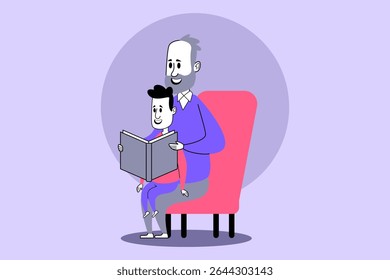 Elderly man enjoying reading story to young boy while sitting comfortably in chair. Bonding and storytelling concept