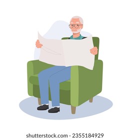 Ältere Menschen Freude am Tranquil Lesen der Zeitung auf der gemütlichen Couch. Flache Vektorgrafik