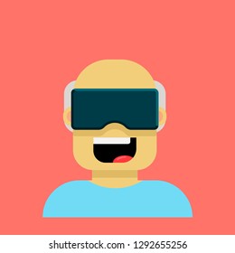 Elderly man enjoying virtual reality headset. Creative vector cartoon character isolated on living coral color.