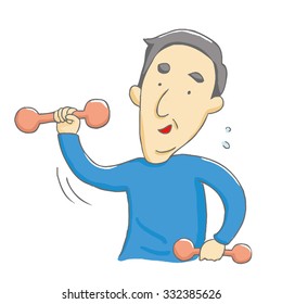 An elderly man exercise with dumbbell. Health care. Vector illustration
