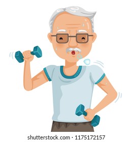 Elderly Man Exercising With Dumbbells. Portrait Of A Asian Old Man Doing Exercise. The Concept Of Elderly People Health Care. Vector Cartoon Illustrations Isolated On White Background.