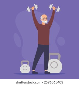 Elderly man exercising with dumbbells to promote physical health. Man wearing comfortable clothing and focused on his workout, surrounded by kettlebells against purple background