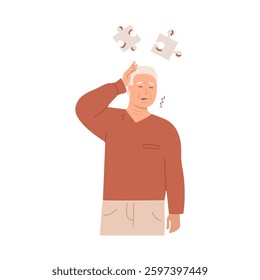 Elderly man experiencing memory loss and cognitive decline, touching his head with confused expression. Alzheimer disease dementia concept. Flat Style Vector Illustration isolated on white background.