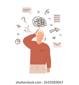 Elderly man experiencing memory loss and confusion, holding head with a puzzled expression. Alzheimer or dementia symptoms medical concept illustration. Mental health of senior people. Vector. 
