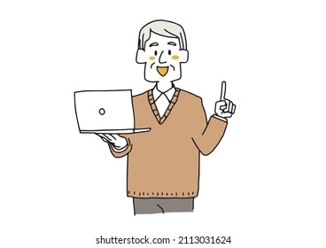 An elderly man explaining with a laptop in his hand, a comical handwritten person, a vector, and simple coloring of line drawings.
