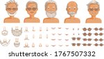 Elderly man face set. Elderly man head character creation. Eye, mouth, nose, eyebrows, mustache, beard, and hairstyles. The old man's smiling face. vector