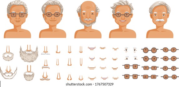 Elderly man face set. Elderly man head character creation. Eye, mouth, nose, eyebrows, mustache, beard, and hairstyles. The old man's smiling face. vector