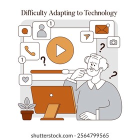 Elderly man facing technological challenges at the computer, with buttons and notification icons indicating confusion. Vector illustration.