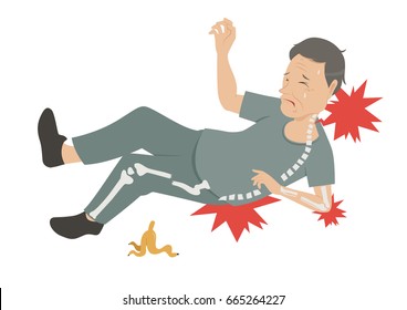 elderly man fall down got bone fracture with banana peel flat color cartoon character design