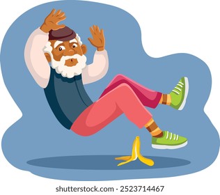 
Elderly Man Falling Slipping on Banana Peel Vector Cartoon. Unlucky grandpa feeling suffering an accident 
