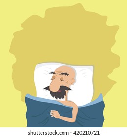  elderly man is fast asleep, covered with a blanket after work. Healthy and sound sleep. Place for text