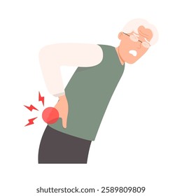 Elderly man feeling back pain while bending down, spine injury, backache problem, vector illustration on white background