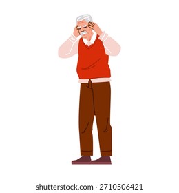 Elderly man feeling intense head pain and discomfort, holding his temples due to stress, a migraine, or a health issue, showing suffering and needing relief