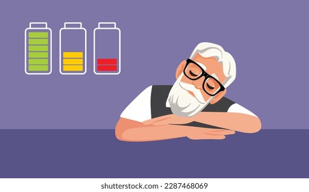 
Elderly Man Feeling Tired Falling Asleep at the Table Vector Illustration. Senior person feeling sleepy and tired all the time 
