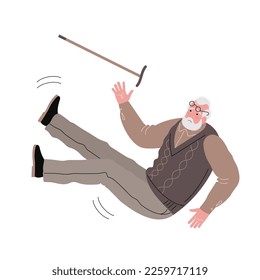 an elderly man fell while walking with a cane. concept of injury risk for the elderly. gray-haired grandfather with a beard lost his balance and fell. flat drawing in cartoon style. stock vector EPS 