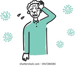 Elderly man with fever simple touch illustration
