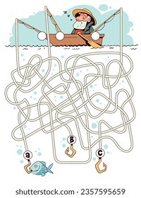 Elderly man fishing. Children logic game to pass the maze. Educational game for kids. Attention task. Choose right path. Funny cartoon character. Worksheet page. Vector illustration