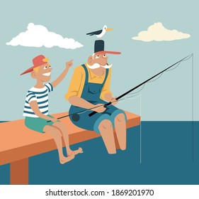 Elderly man fishing with his grandson, a seagull landed on his hat, EPS 8 vector illustration