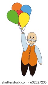 An elderly man flies to five balloons. Man in disbelief. Vector illustration