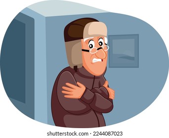 
Elderly Man Freezing Feeling Cold at Home Vector Illustration. Unhappy senior person shivering in unheated room due to energetic crisis issue
