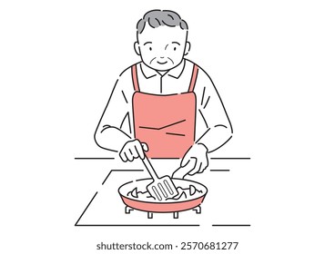 Elderly man frying ingredients in a frying pan on the stove